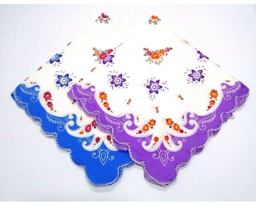 Set of 2 Ladies Women's Floral Flower Cotton Handkerchief Hankies - 13" x 13" - 7